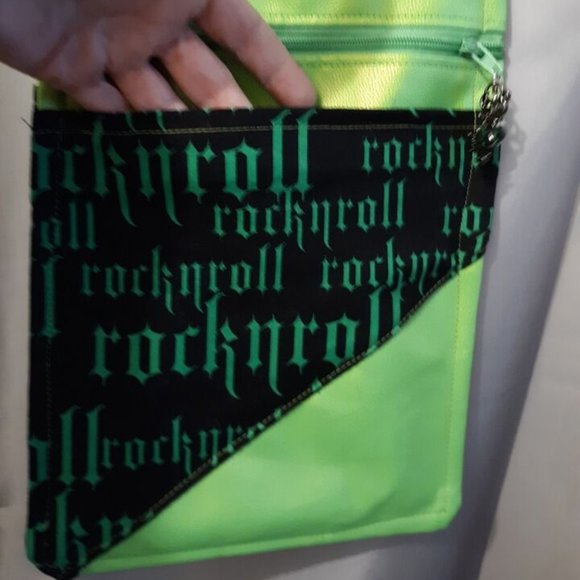 New ROCK N ROLL Vinyl Crossbody Purse Shoulder Bag Black Bright Green Punk Rave - Picture 5 of 10